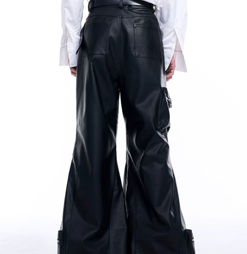 Autumn Three-dimensional Pocket Leather Pants Wide Leg