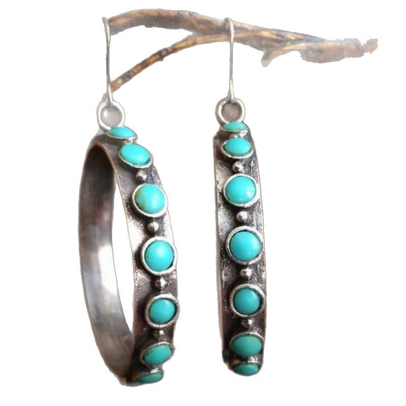 Retro European And American Ring-Style Turquoise-Inlaid Earrings