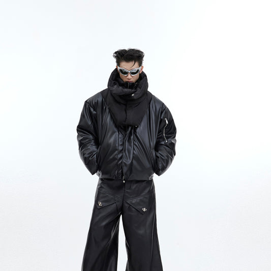 Double-layer Collar Design Cotton Coat Jacket Glossy PU Leather Stitching Thickening Cotton-padded Coat