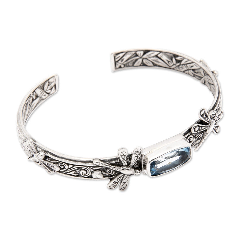 Womens Retro Floral Dragonfly Open Cuff Bracelet