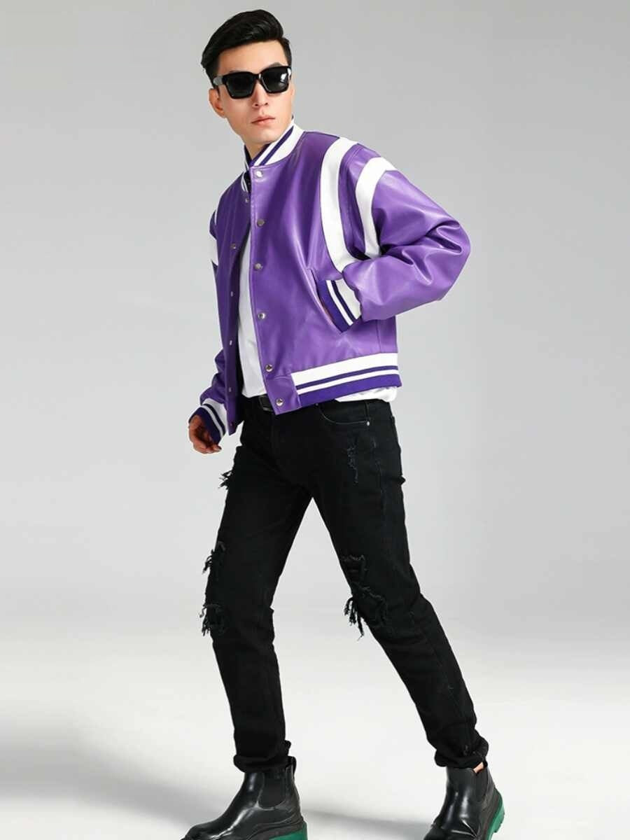 Fashion Colorblock American Biker's Leather Jacket