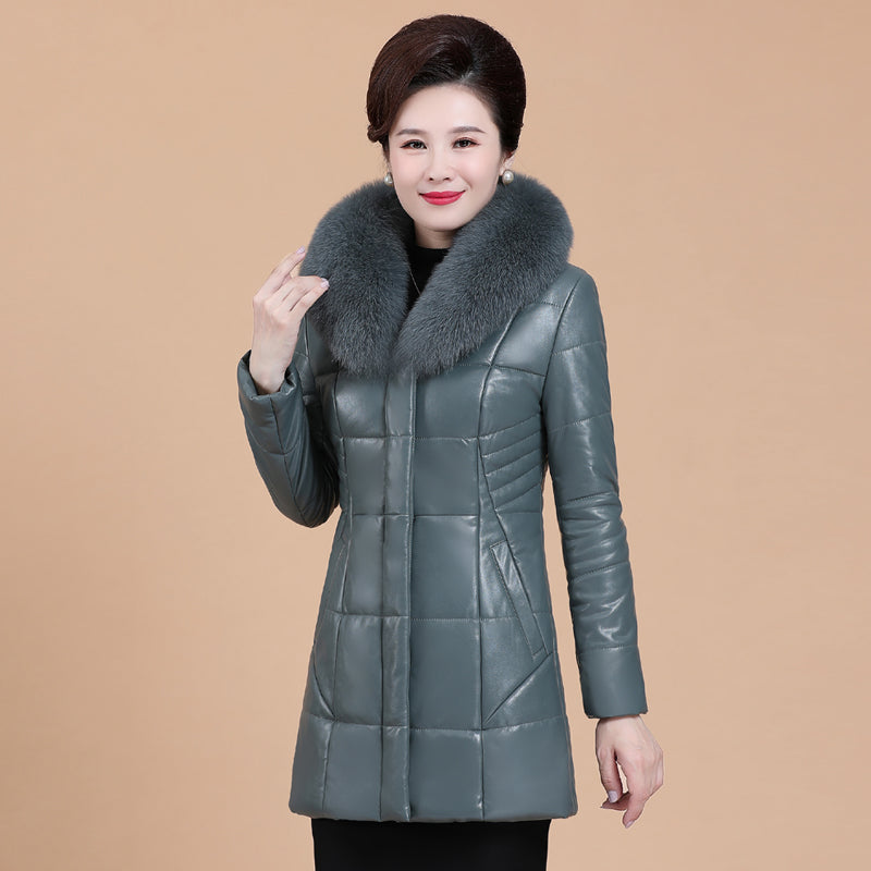 Women's Medium Long Fur Collar Thickened Large Leather Down Jacket