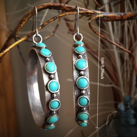 Retro European And American Ring-Style Turquoise-Inlaid Earrings