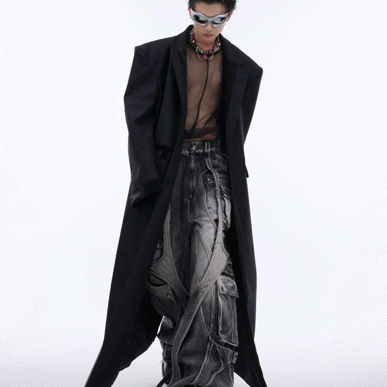 Black Padded Shoulder Coat PU Leather Stitching Design Over The Knee