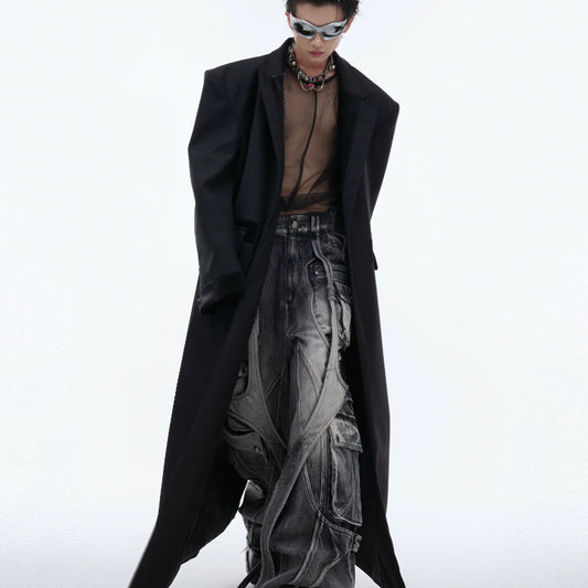 Black Padded Shoulder Coat PU Leather Stitching Design Over The Knee