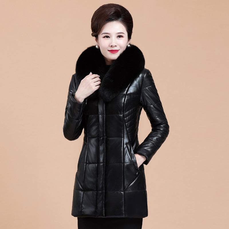 Women's Medium Long Fur Collar Thickened Large Leather Down Jacket