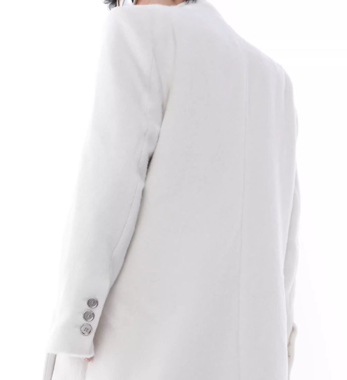Padded Shoulder Woolen Coat PU Leather Stitching Design Long Trench Coat White Over The Knee