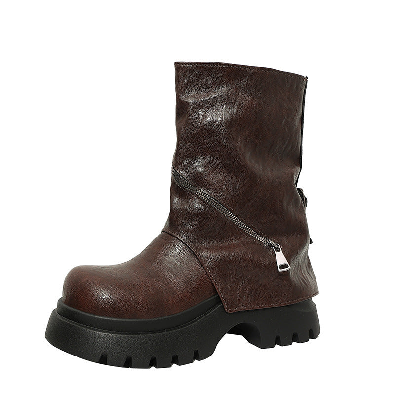 Brown Maillard-effect Thick-soled Autumn Height-increasing Baggy-trousered Boots