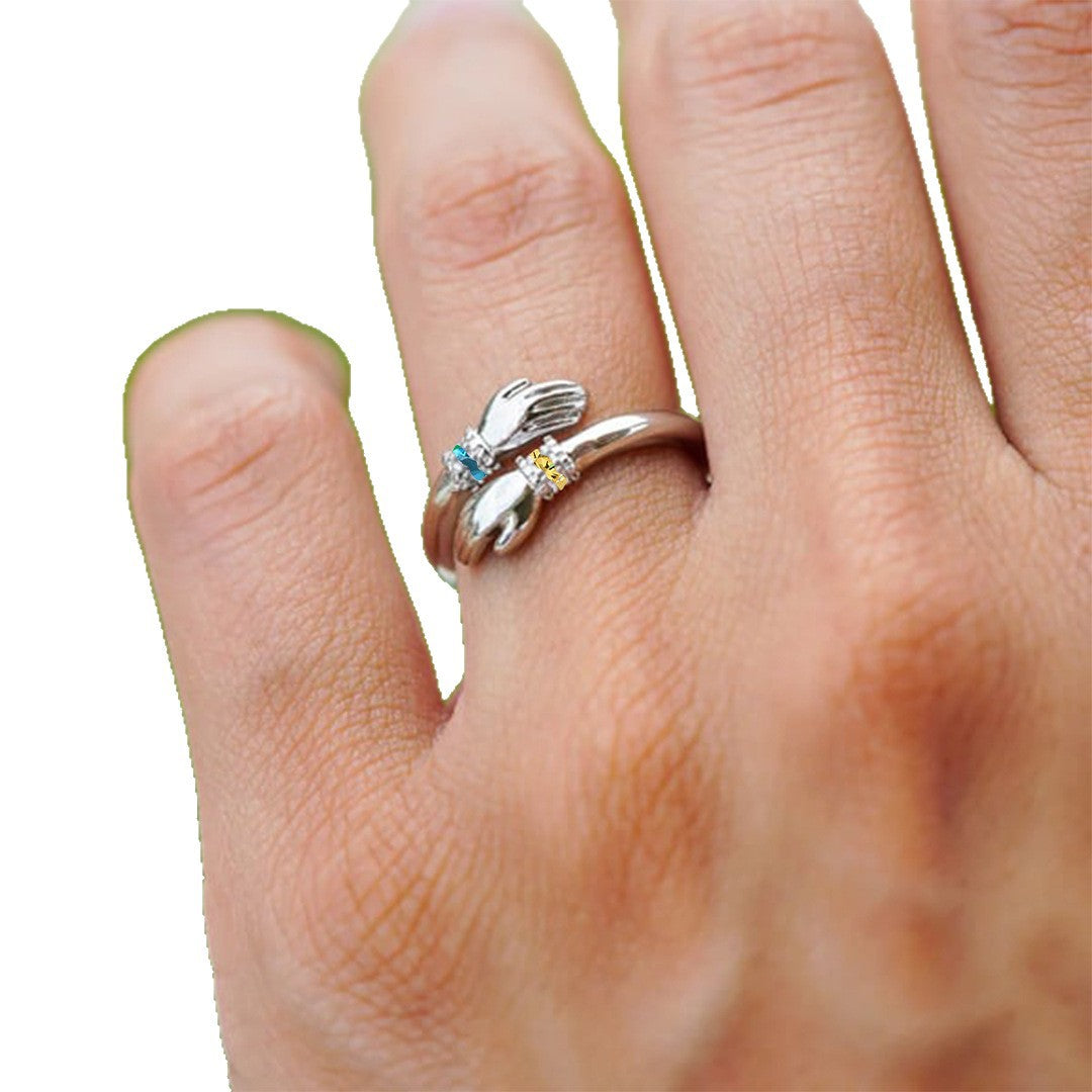 Embrace Personalized Birthday Stone Ring With Both Hands