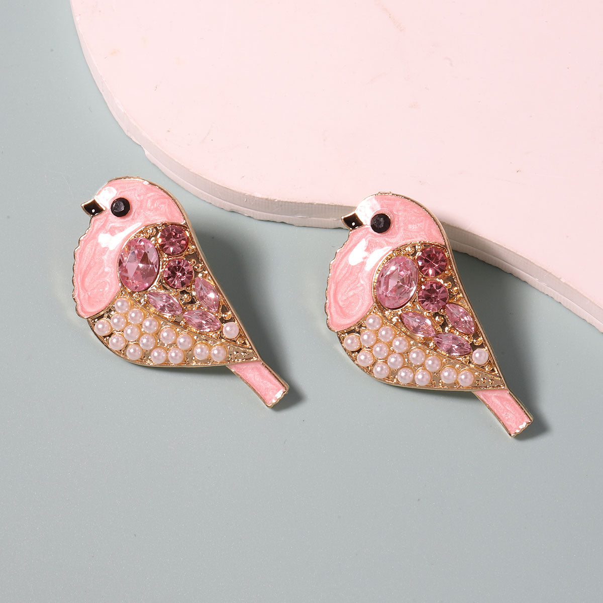 Creative And Cute Rhinestone-Embellished Bird Earrings With Imitation Pearls For Women