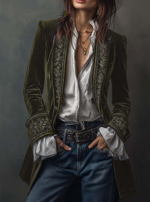 Long Sleeve Solid Color Stitching Lace Pleuche Coat