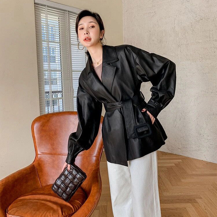 All-match Loose Belt Small Leather Jacket