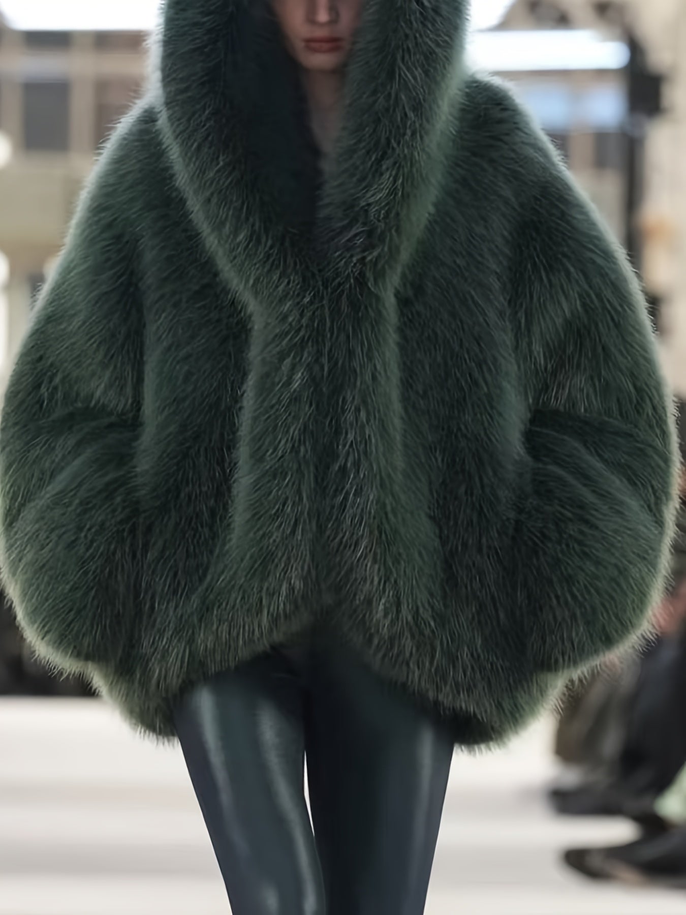 Women's Green Fur Faux Fox Fur Hooded Coat