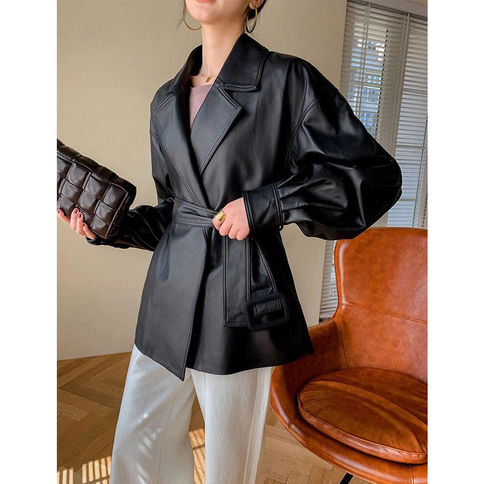 All-match Loose Belt Small Leather Jacket