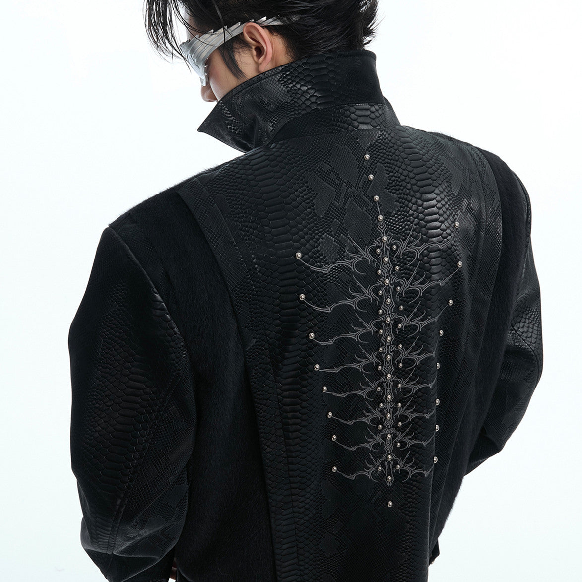 Niche Pattern Snakeskin Stitching Jacket Rivet Embroidery PU Leather Coat