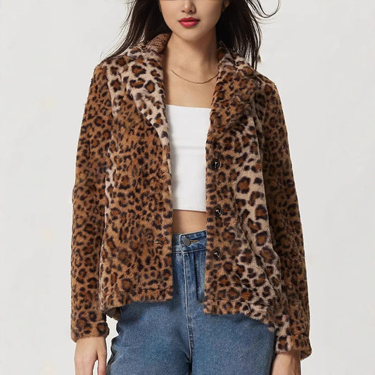 Women's Buckle Lapel Thickening Leopard Print Coat