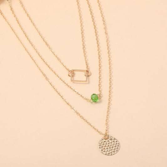 Fashionable Green Diamond Disc Square Alloy Necklace With 3 Layers