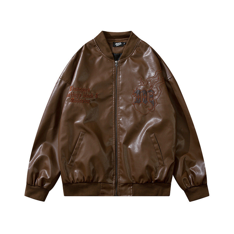 PU Faux Leather Loose Baseball Jacket For Men And Women