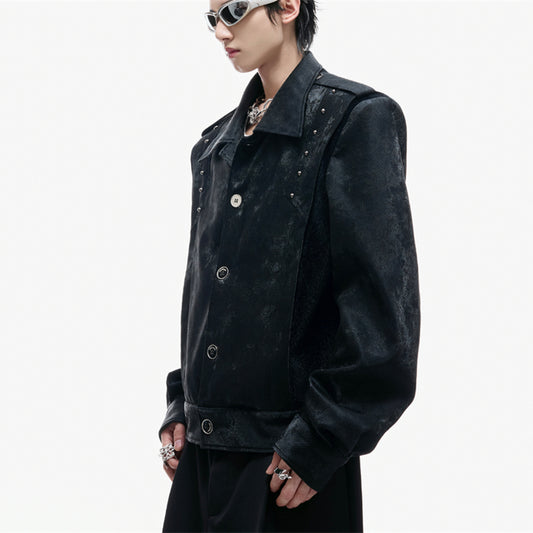 Heavy Rivet Embroidered Design Leather Short Jacket