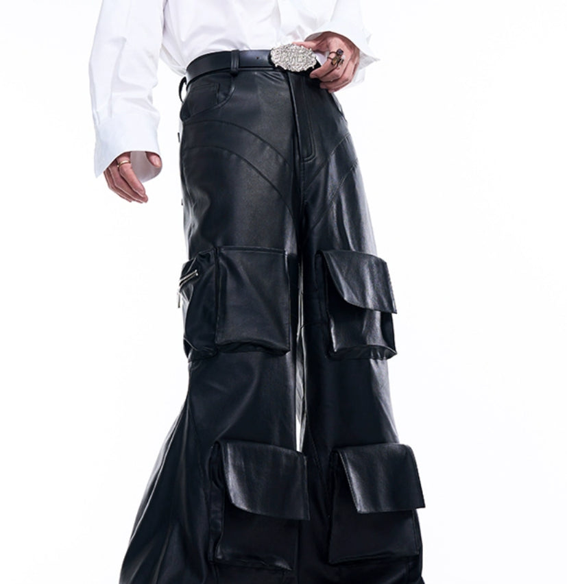 Autumn Three-dimensional Pocket Leather Pants Wide Leg