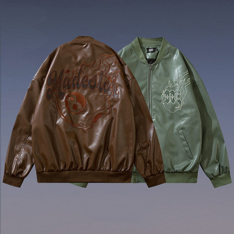 PU Faux Leather Loose Baseball Jacket For Men And Women