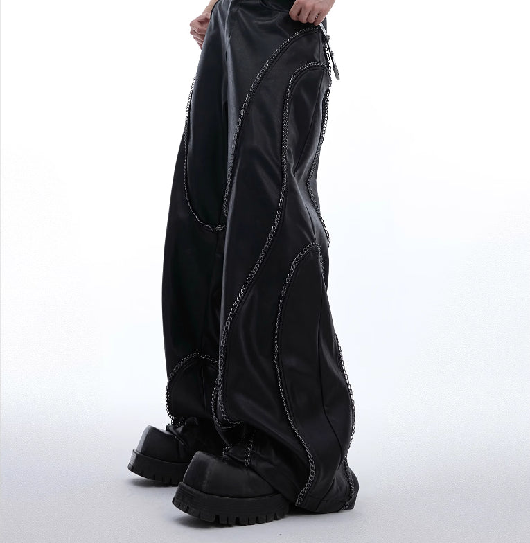 Make Old Metal Chain Wrapped Leather Casual Pants