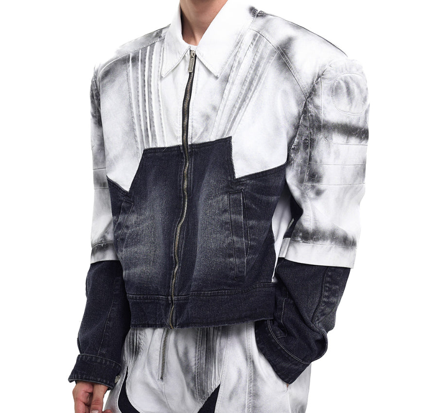 Short Leather Patchwork Denim Coat Men's Autumn Niche Boys Hand Painted Spray Dirty Jacket