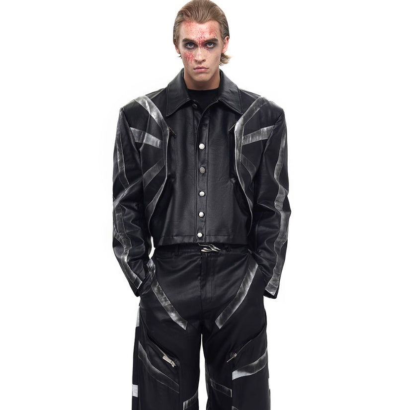 Black Dirty Short Leather Jacket Coat