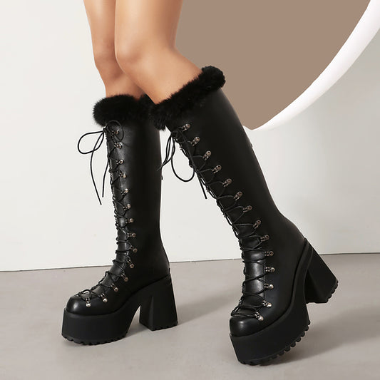 Women's British-style Casual Boots With A Fur Collar And Laces