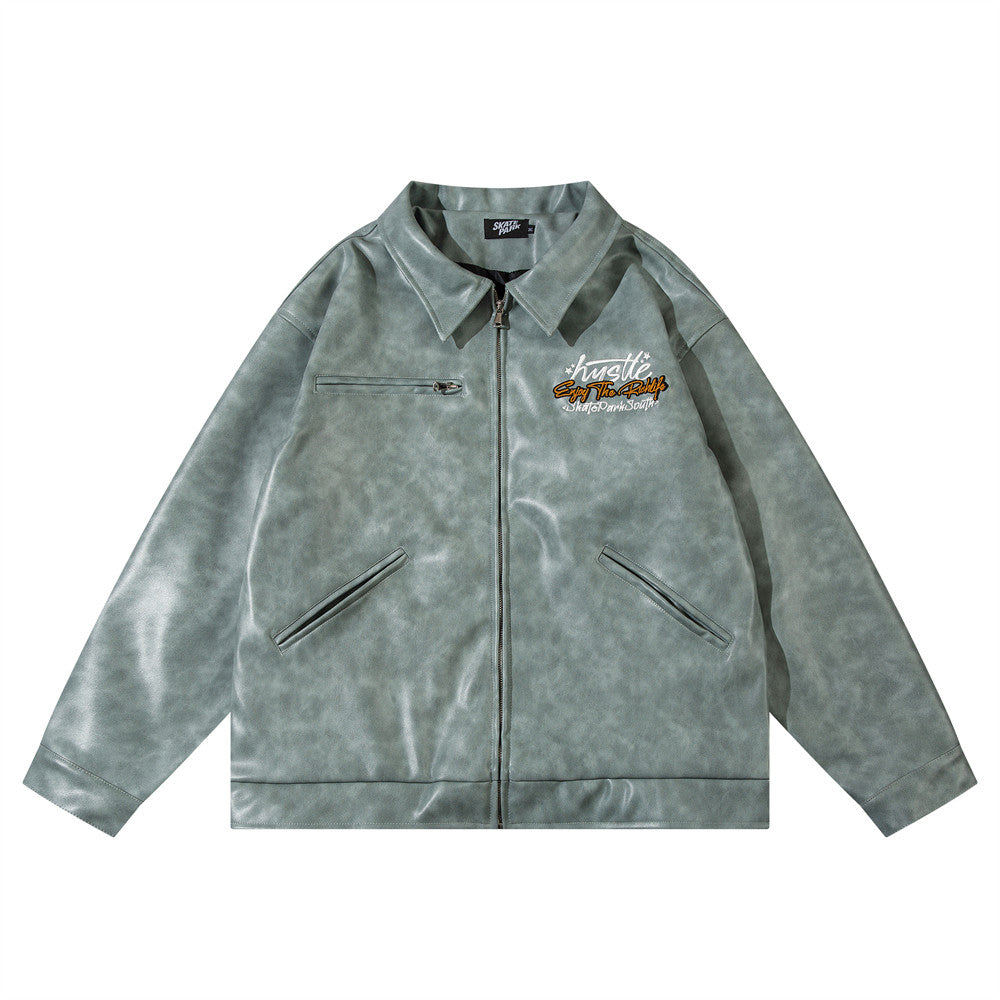 American-style Old Embroidery Letters Loose Leather Coat Men