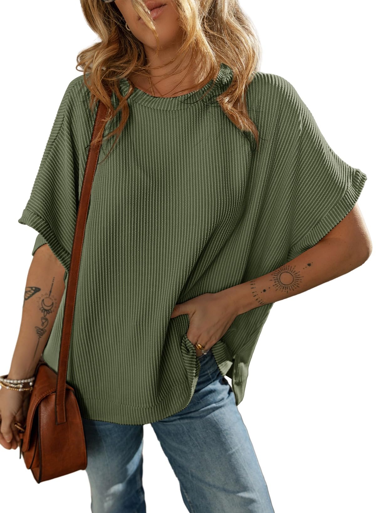 Women's Solid Color Knitted T-shirt Loose Casual Pullover